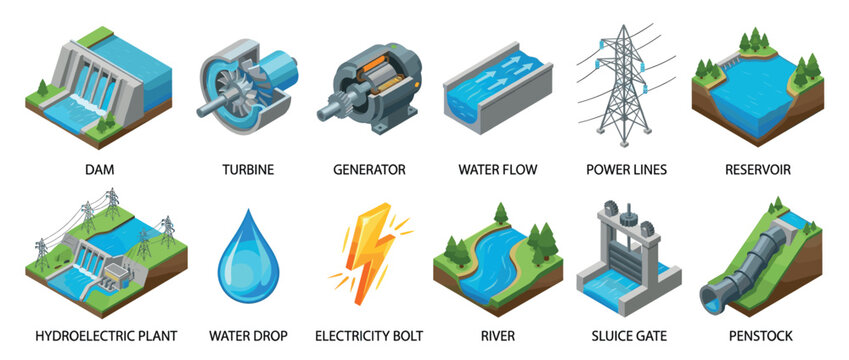 Isometric icons illustrating the various components and processes involved in hydroelectric power generation and renewable energy.