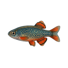 Fototapeta premium Celestial pearl danio with spotted blue body and orange fins isolated on white background