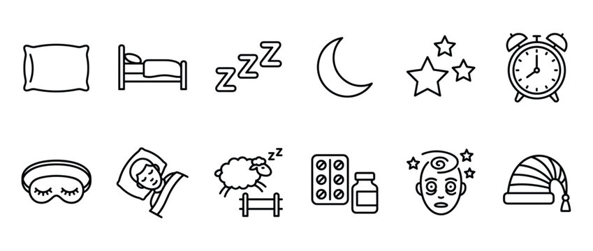 Sleep and Insomnia Vector Line Icons Set, including pillow, bed, moon, stars, alarm clock, sleep mask, sleeping person, counting sheep, pills, and tired person.
