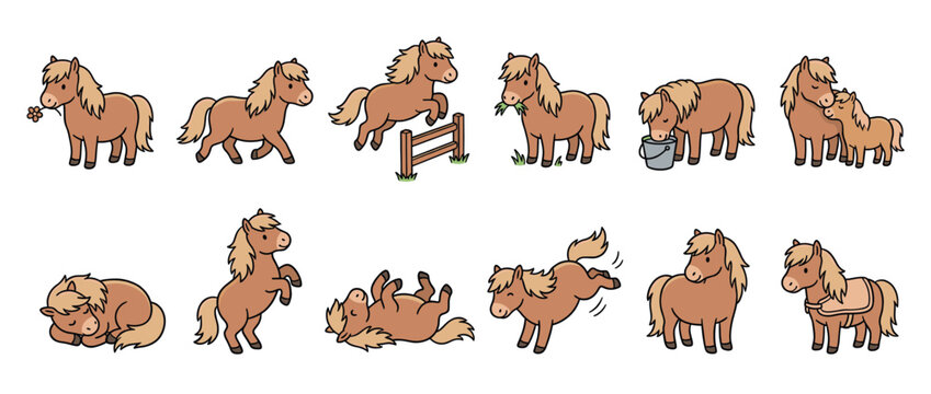 Adorable cartoon ponies in a collection of different poses and actions, including jumping, grazing, sleeping, and interacting with a foal.