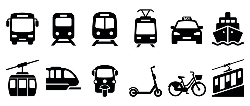 Transportation icons set featuring various public and private vehicles like bus, train, taxi, ship, cable car, scooter, and bicycle for travel.