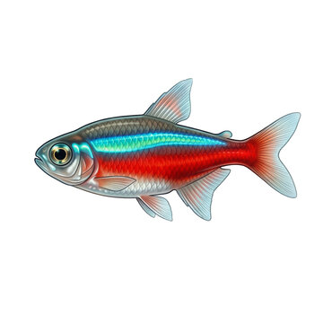 Neon tetra fish with glowing blue stripe and red tail isolated on a white background