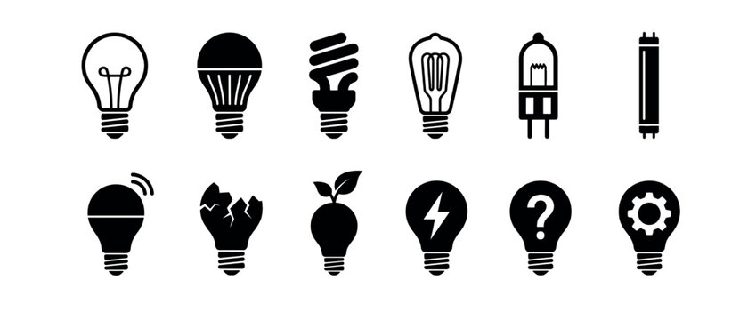 Various types of light bulbs and creative concept icons representing ideas, energy, and innovation in a versatile collection.