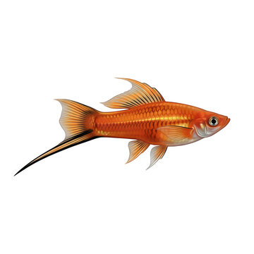 Orange swordtail fish with a long tail extension isolated on a white background
