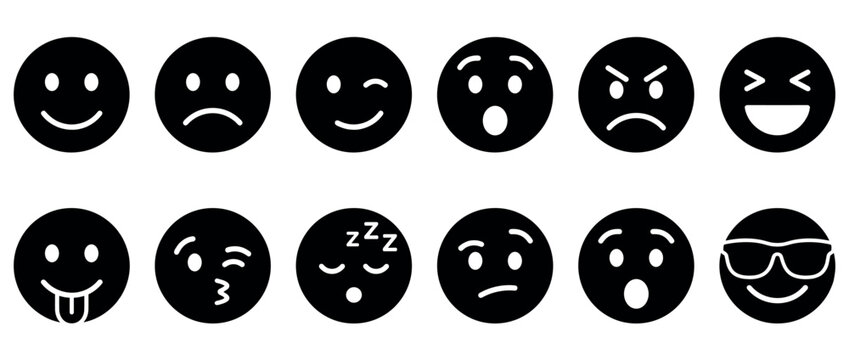 Emoji icons set displaying a wide range of human emotions and expressions, from happiness to anger and surprise for digital communication.