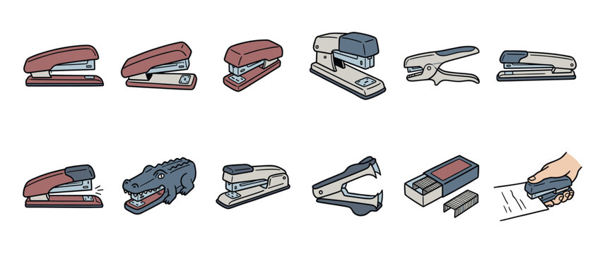 Staplers, staples, and office supplies collection featuring various types of stapling tools, a staple remover, and a hand in action.