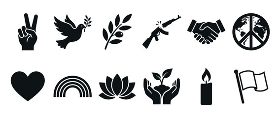 Fototapeta premium Peace symbols, harmony icons, and unity signs representing hope, love, and environmental care in a collection of vector graphics.