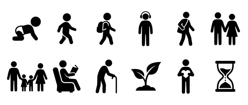Human life cycle stages and development icons representing growth, family, education, aging, and the passage of time.