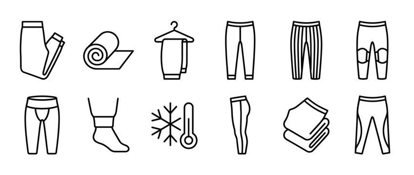 Collection of thermal underwear and base layer clothing line icons for cold weather apparel and comfort.