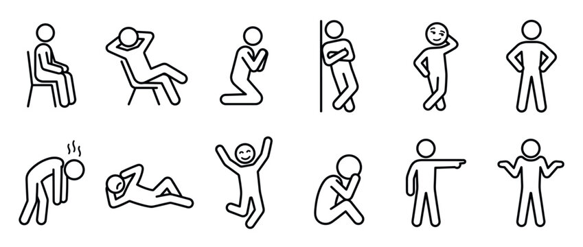 Stick figures showing various human poses, emotions, and actions, representing different feelings and body language.