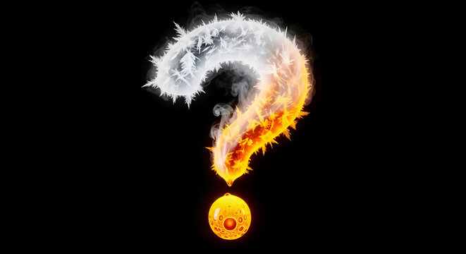 Dramatic question mark formed by white smoke swirls with glowing orange fireball base on black background.
