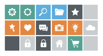 Fototapeta premium Web Icons Set: Gear, Search, Folder, Star, Heart, Chat, Camera, Lightbulb, Cloud, Lock, Home, Cart