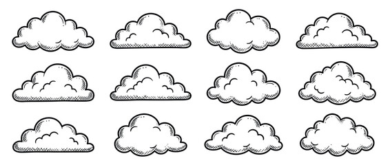 Obraz premium Hand drawn cartoon clouds collection with various shapes and textures, perfect for weather, nature, or whimsical design projects.