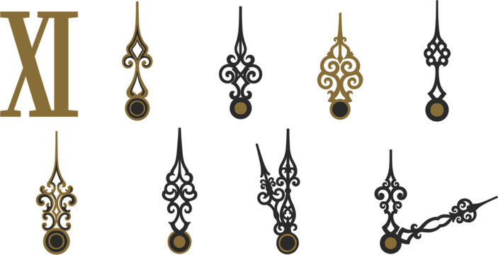 Vintage clock hands vector set with ornate filigree metal needles and Roman numeral for antique timekeeping and classic design,