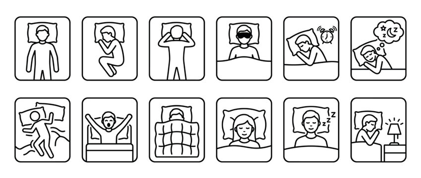 Collection of line art icons illustrating various sleeping positions, bedtime routines, and sleep-related activities for health and wellness.