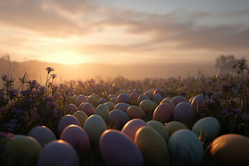 Obraz premium Golden sunrise illuminating a field of pastel Easter eggs, soft mist, cinematic lighting, ultra-realistic, dreamy atmosphere