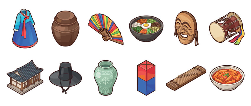 Korean cultural icons and traditional objects including hanbok, bibimbap, janggu drum, and a traditional house, representing heritage and customs.
