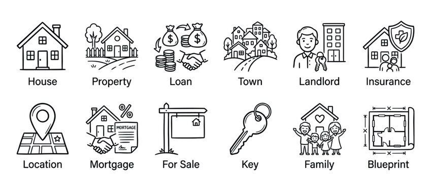 Real estate and property related line art icons set, including house, loan, mortgage, insurance, and blueprint symbols.