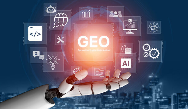 Digital marketing concept featuring GEO strategy, optimizing content for AI search engines and large language models. Evolution of SEO, brand authority, and AI citation visibility. Corpus