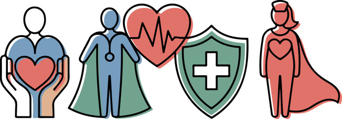 Creative medical symbols with superhero doctor and nurse icons plus heart shield graphics for health marketing. © Mst