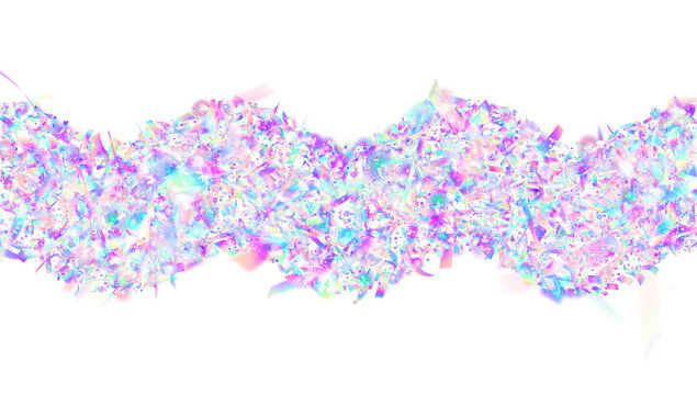 Transparent Tinsel. Neon Confetti. Blue Glare Sparkle. Isolated Banner. Laser Abstract Backdrop. Cristal Design. Party Burst. Light Texture. Pink Transparent Tinsel