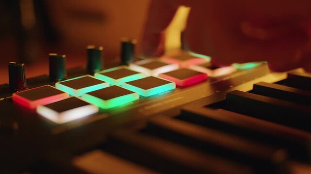 Hand adjusts a knob on a music production device with colorful lights in a studio setting at night