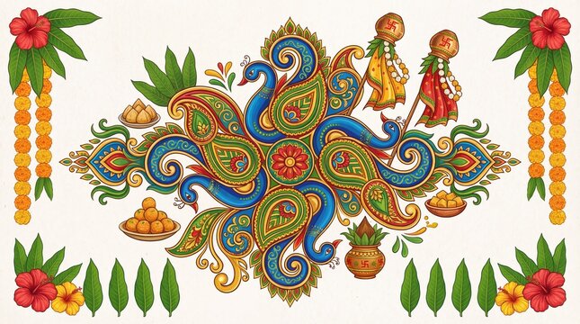 Vibrant Gudi Padwa design with peacocks and floral patterns