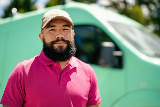 Asian adult male pink polo cap mint van cheerful delivery worker portrait closeup sunny day