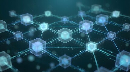 Obraz premium Futuristic blue 3D transparent cubes network with glowing data connection lines on dark background