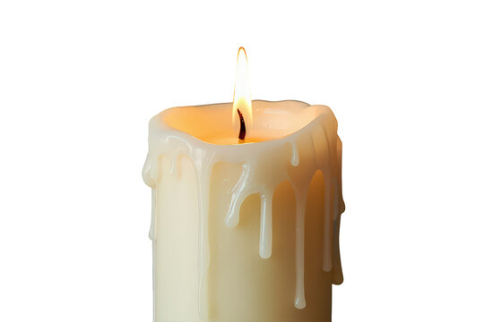 White pillar candle slowly burning, wax melting and dripping down its side, generating a warm glow and soft light. Transparent background