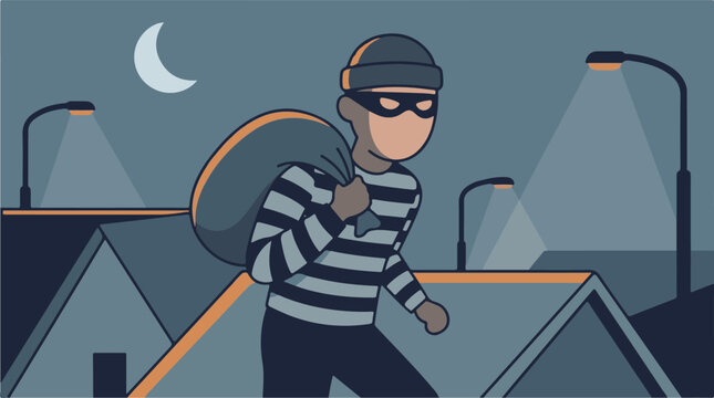 Illustration of a burglar on rooftops at night carrying a sack of goods