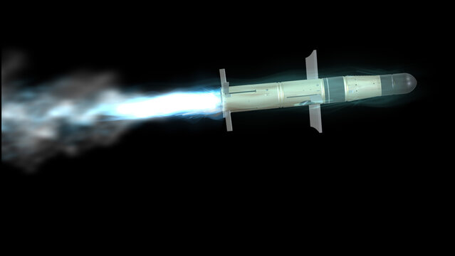 Military missile flying in the sky with fire and smoke hypersonic supersonic ballistic cruise missile 3d render