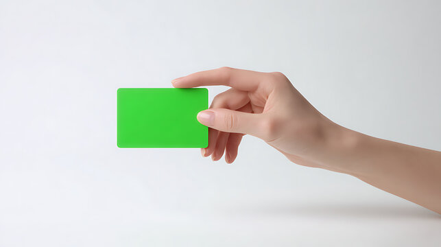 Female hand hold green screen placeholder card on transparent background, chroma key template for advertisement or graphic insert