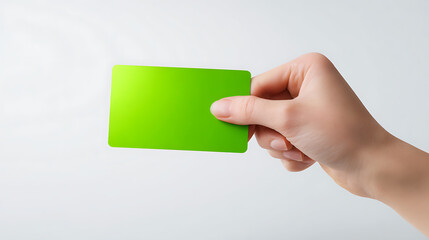 Obraz premium Female hand hold blank green rectangular card copy space, isolated on white background, design element concept for business, discount, gift