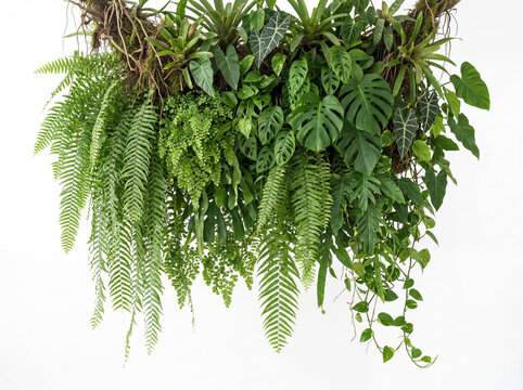 Lush green plants and ferns hanging from a wooden base