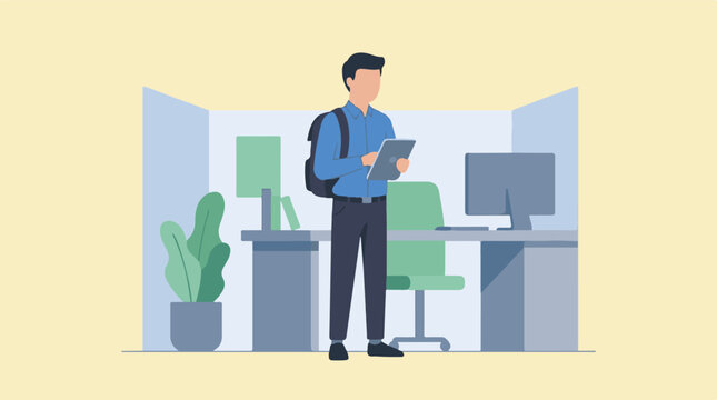 Professional man standing with tablet in minimalist office cubicle
