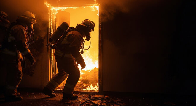 Firefighters battling flames in heated rescue operation during emergency situation