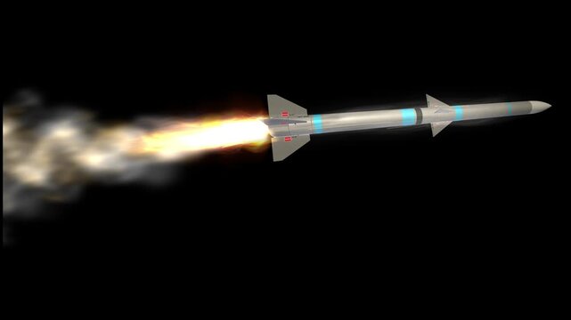 Military missile flying in the sky with fire and smoke hypersonic supersonic ballistic cruise missile 3d render