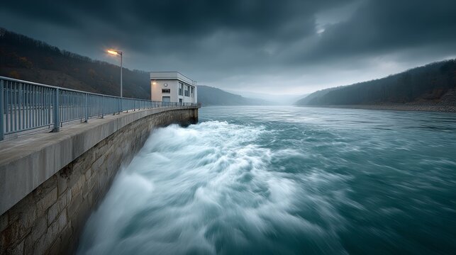 Powerful dam releases rushing water under dark storm clouds. Concrete structure with railings and small building on left. Mountains loom in misty background under gloomy sky