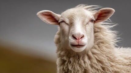 Obraz premium Close-up of a calm, fluffy white sheep with soft wool and gentle eyes. Its face is centered, looking directly at the camera with a relaxed expression. The background is blurred
