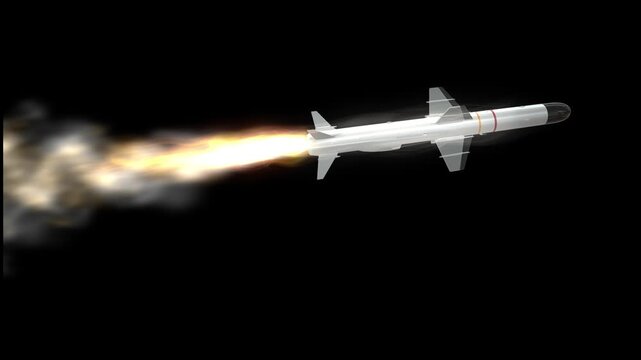 Military missile flying in the sky with fire and smoke hypersonic supersonic ballistic cruise missile 3d render