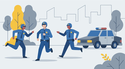 Police officers running with a patrol car in an urban park setting © Mountain Top Studio