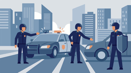 Police officers and patrol cars in a city street, flat illustration style © Mountain Top Studio