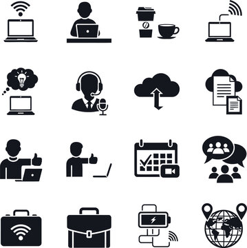 Remote work and business communication icon set for digital nomad