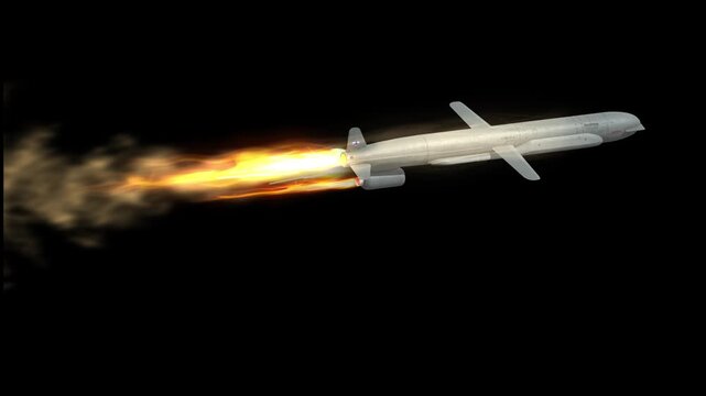 Military missile flying in the sky with fire and smoke hypersonic supersonic ballistic cruise missile 3d render