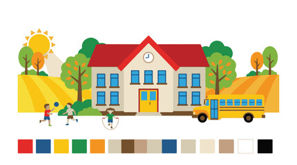 Fototapeta premium School building scene with playing children, school bus, and sunny landscape