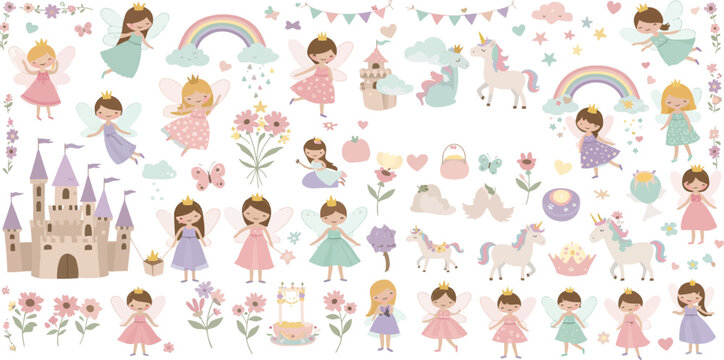 Whimsical illustration of princesses castles unicorns and rainbows in pastel colors for kids