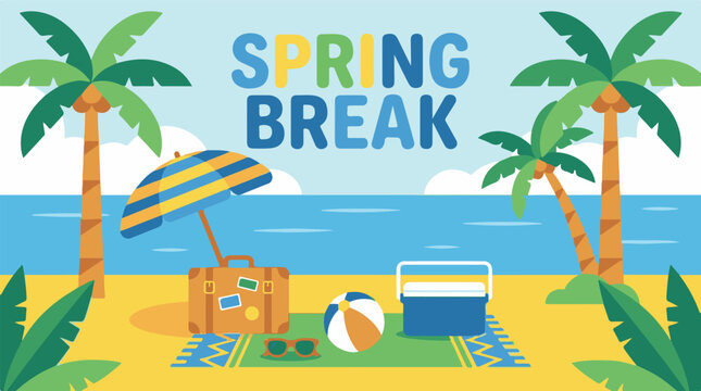 Colorful Spring Break beach scene with palm trees, luggage, and umbrella