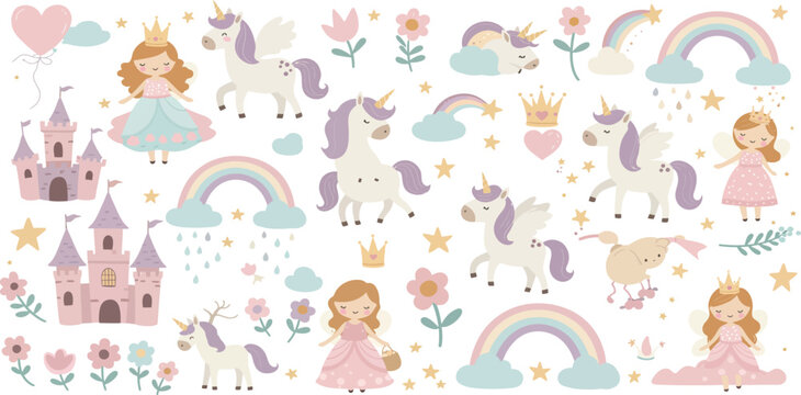 Whimsical illustration of princesses unicorns castles rainbows and flowers in pastel colors on white background