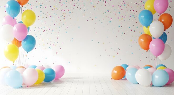 Vibrant Balloons against White Background with Confetti for Birthday and Party